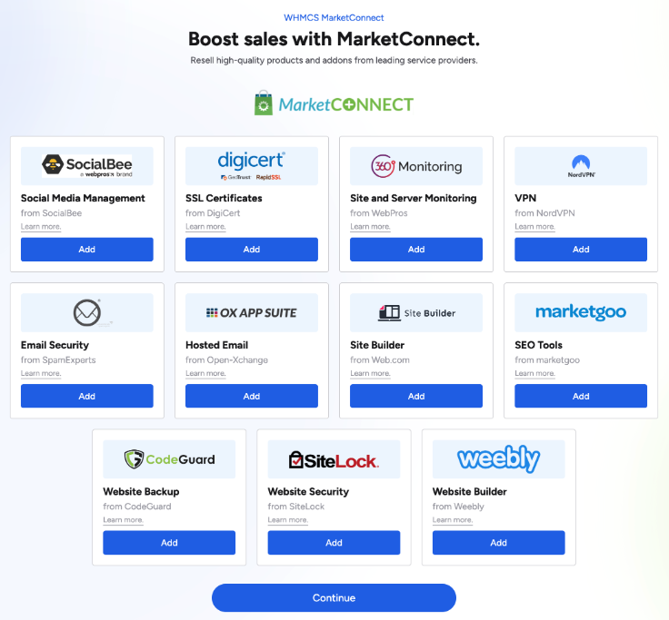 Choosing MarketConnect service providers in the Getting Started Wizard.