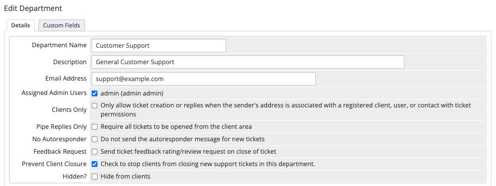 Editing a support department in the Admin Area.